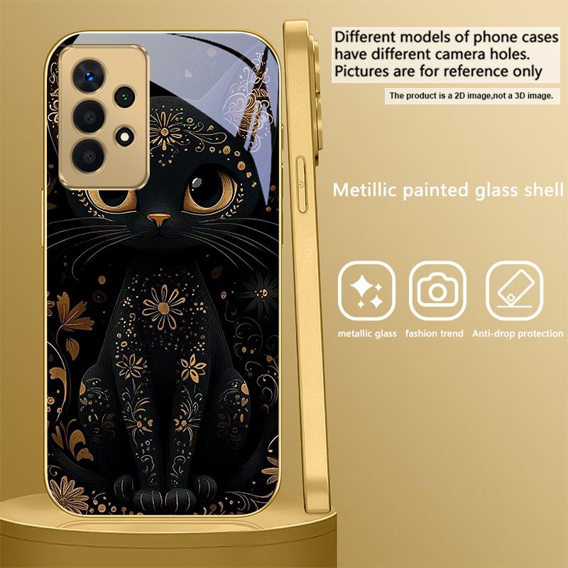 Fantastic Black Cat For Samsung A 31 32 A33 A34 35 14 A15 13 A16 25 26 50 52 53 54 55 56 70 71 72 73 Golden glass phone case