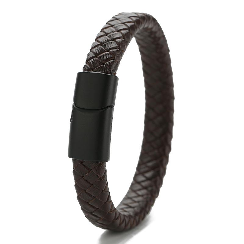 Retro Genuine Leather Men's Woven Cord Bracelet with Magnetic Buckle