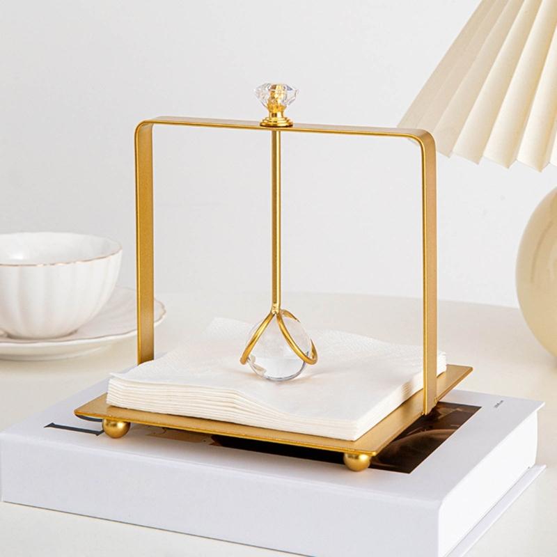 Desktop Tissue Holder Wrought Iron Crystal Ball Tissue Box Ornaments Restaurant Square Base Tissue Organizer for Room