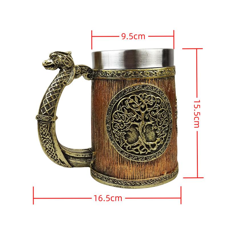Retro Tree of Life Beer Mug Resin Stainless Steel Coffee Mug Medieval Viking Double Wall Beer Jug Water Cup Large Capacity Mug 600ml