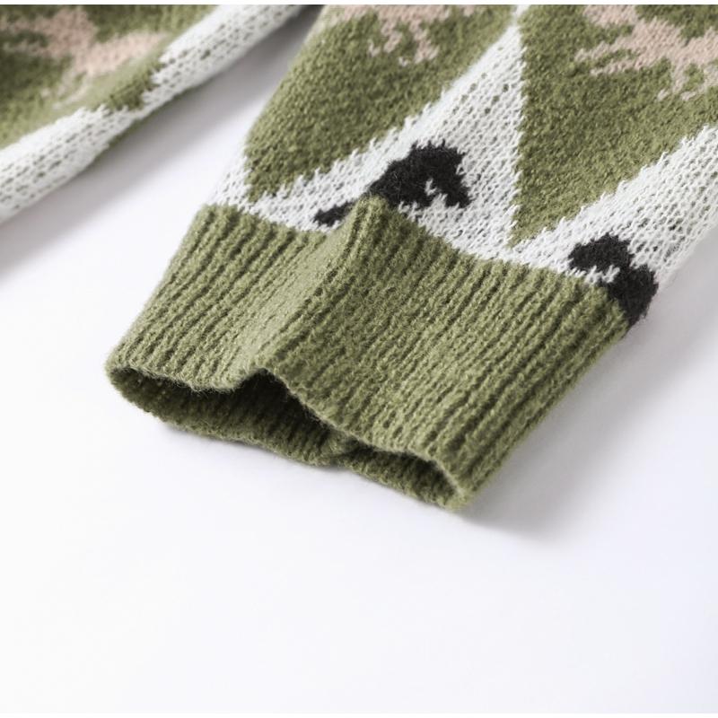 Contrast Jacquard Round Neck Sweater Women's Fashion All-match Green Sweater Diamond Style Sweater Women's Soft Skin-friendly Pullover