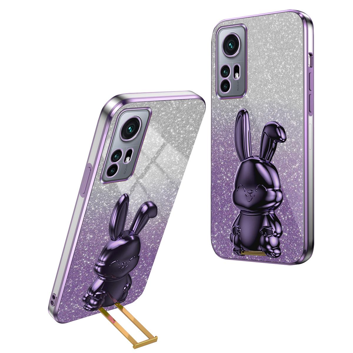 

Для Xiaomi 12 5G/12X 5G/12S 5G Задняя крышка из ПК+ТПУ Чехол-подставка для мобильного телефона с милым кроликом Purple