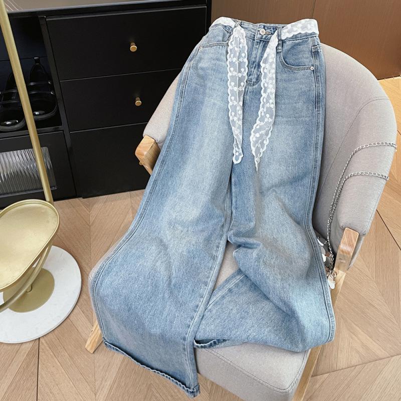 Korean Style High Waist Cuffed Denim Wide-Leg Pants with Lace Belt
