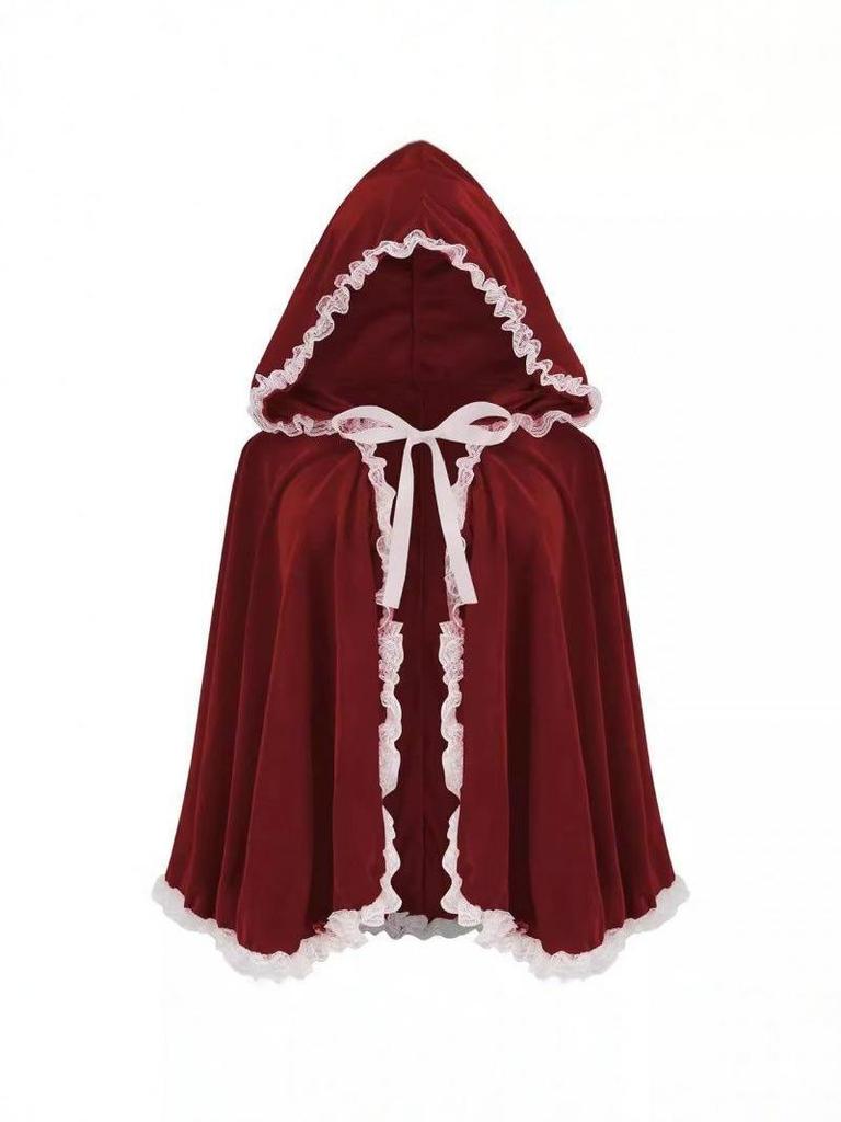Women's Lace-Trimmed Red Hooded Cape - Halloween Costume Cloak Short Retro Trench Coat Stage Performance Wear