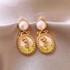 Real gold electroplated French pearl flower stud earrings court style retro niche earrings light luxury premium earrings women