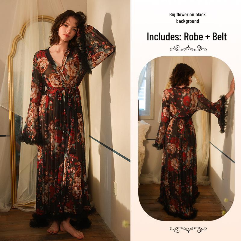 Elegantes Retro-Blumen-Netz-Bademantel mit Federbesatz - Durchsichtiges Loungewear-Design