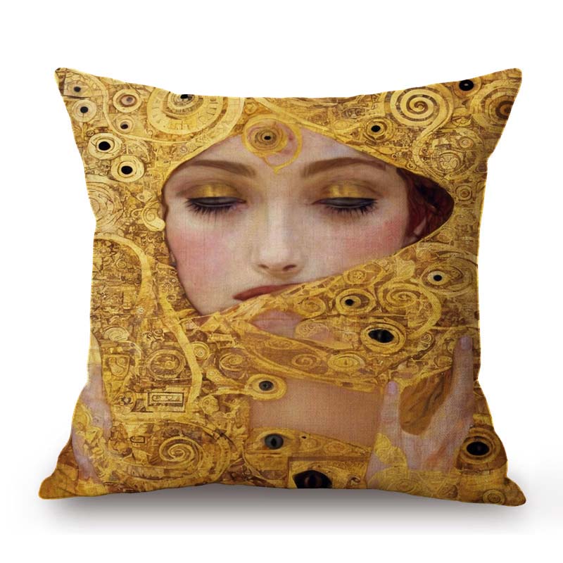 Gold Yellow Klimt Style Elegant Lady Girl Nouveau Art Home Decoration Sofa Throw Pillow Case Cotton Linen Bench Cushion Cover