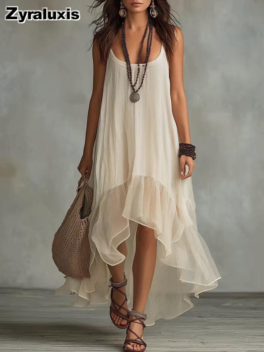 New Lazy Bohemian Vacation Solid Ruffle Sundress for Women S абрикосовый
