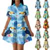 Women Casual Loose Fit Shirt Dress Button Front Stand Collar Short Sleeve Hawaiian Print Summer Dress