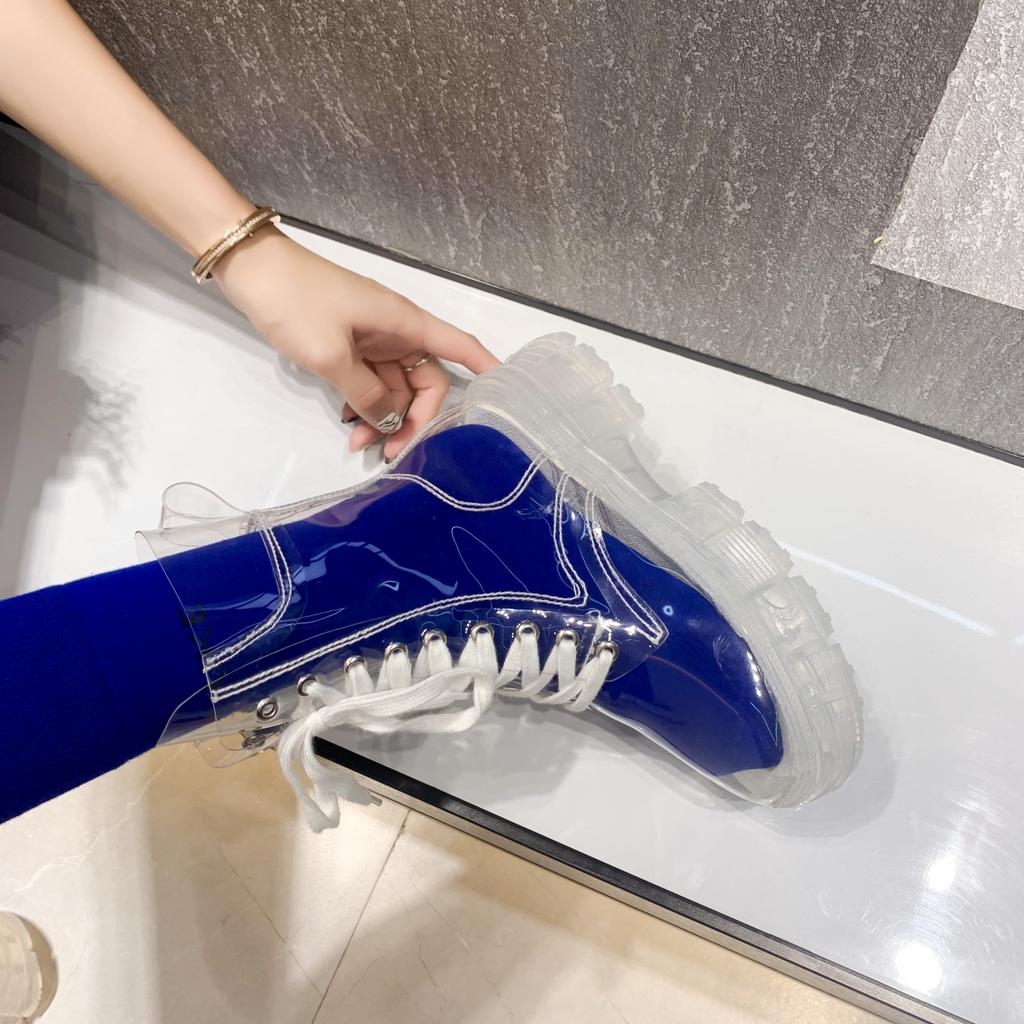 Fashion Women's transparent boots with round toe, thick sole, front lace-up, mid-calf, large size, with jelly socks