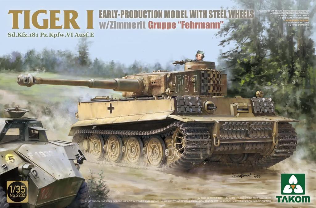 Takom 1/35 Sd.Kfz.181 Pz.Kpfw.6 Ausf.E Tiger 1 Wczesny Model Stalowe Koła z Powłoką Zimmerit, Zestaw Modelu Plastikowego Eskadry Fehrmann TKO2202
