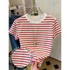 Red and White Horizontal Striped Short-sleeved T-shirt Crew Neck Classic Retro Casual Top