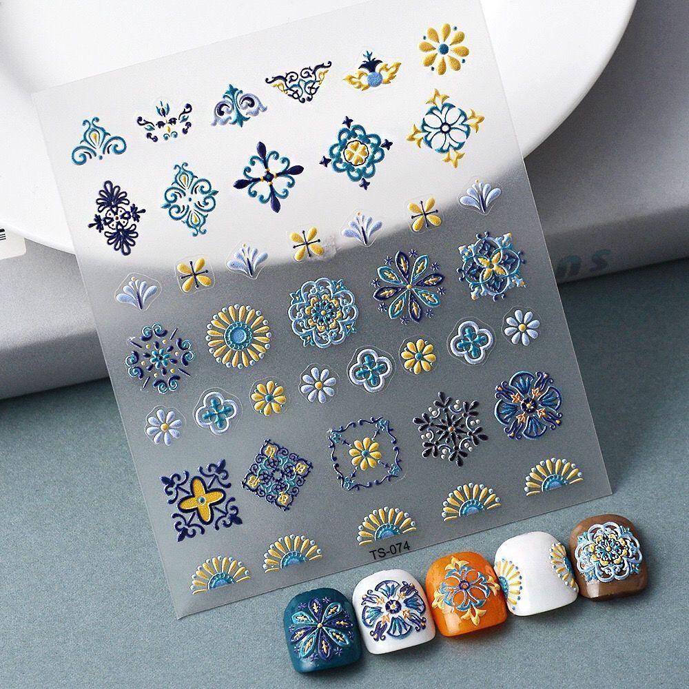 T New 5D Bohemian Ethnic Style Nail Art Sticker Relief Three-dimensional Painted Print Small Pattern Glue Nail