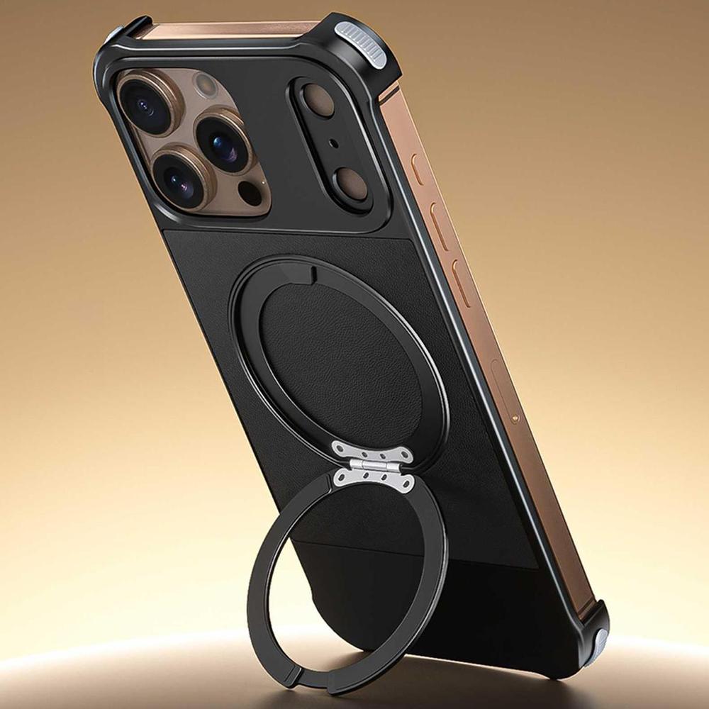 For iPhone 16 Pro Max Magnetic Case with Kickstand Borderless PU+Metal Drop Proof Phone Back Cover