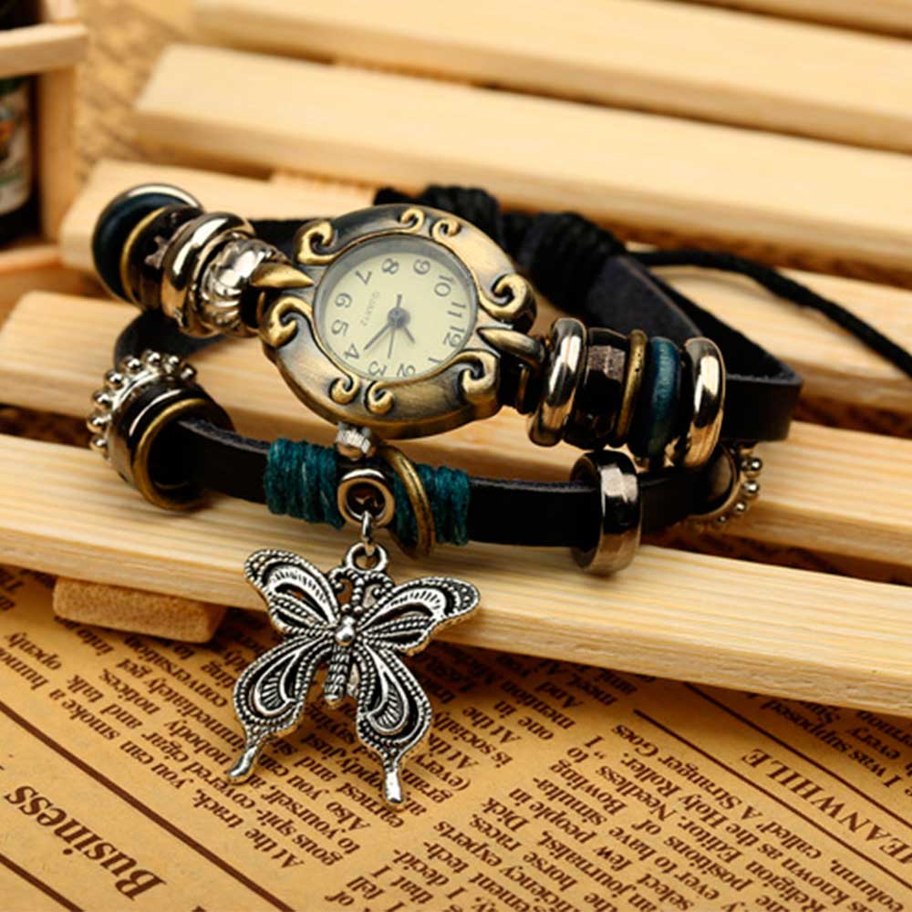 

Handmade Butterfly Beads Bracelet Quartz Watch Clock Women Man Lovers Vintage Retro Bracelet Leather Strap Bracelets Dress Watch as picture