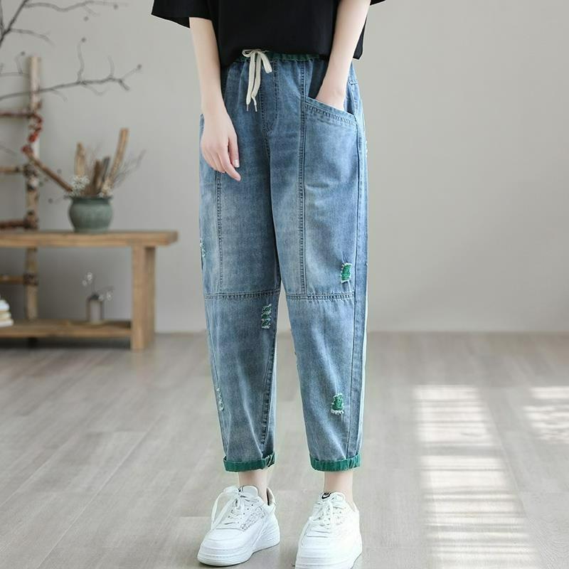 Ripped Nine-point Jeans Women's Summer Loose Thin Section Was Thin Elastic Waist Casual Large Size Harem Pants Women