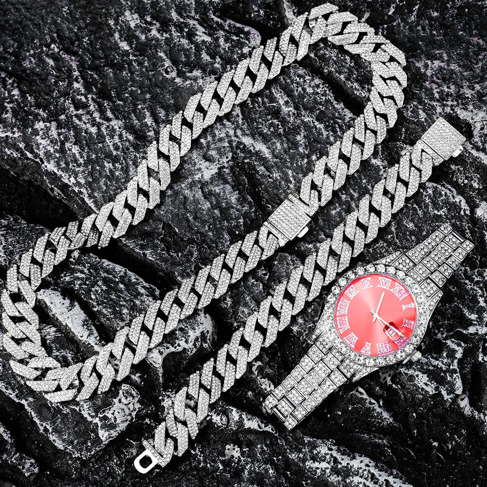 

Мужские часы с кубинской цепью 16 мм, хип-хоп, 3 шт., Майами, Iced Out, с паве из страз, рэперская кубинская цепочка, костюм, часы+браслет, ювелирные изделия 8inch and 18inch