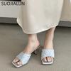 Fashion SUOJIALUN 2025 Summer New Women Slipper Fashion Square Toe Slip On Ladies Elegant Sandal Square High Heel Dress Slides Shoes