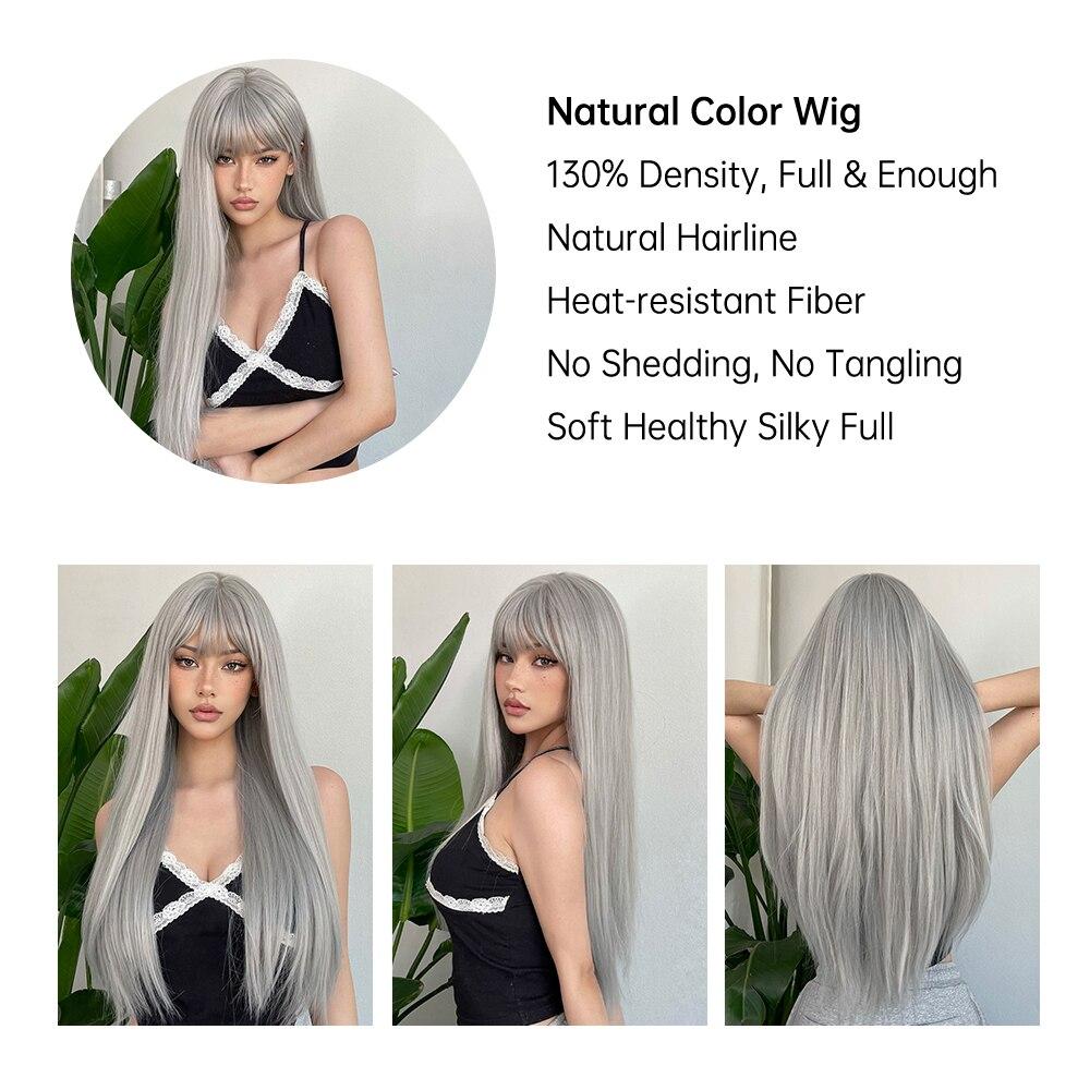 HAIRCUBE Silvery Grey Synthetic Straight Wig For Women Long Straight Gray Cosplay Wig With Bangs Daily Heat Resistant Fake Wigs
