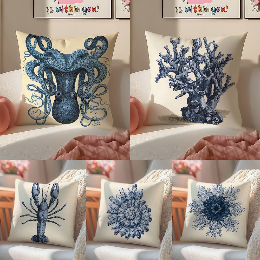 Exquisite Ornaments Unisex Blue/Coral Sea Creature Shrimp Pillowcase Living Room Sofa Chair Cushion Cover Home Room Decoration Without Pillow Core