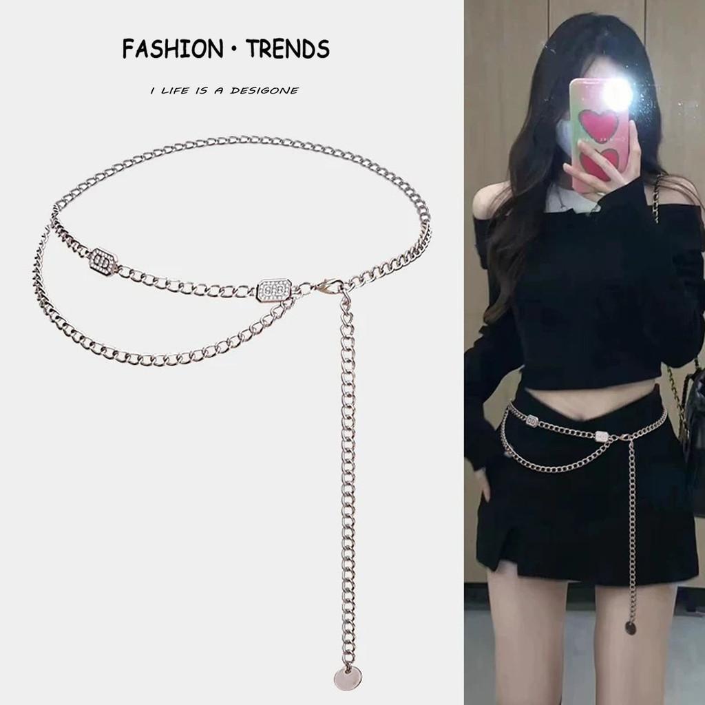 Small Fragrance Style Waist Chain Metal Silver Belt With Water Diamond Embellishments For Women