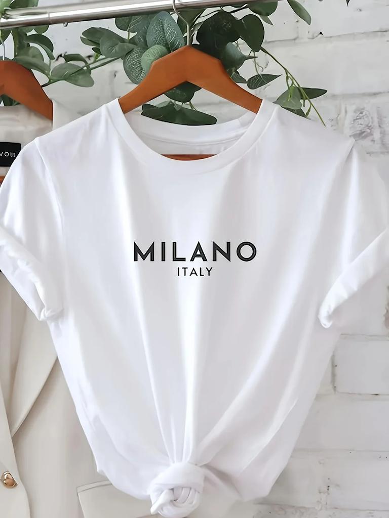 Unisex MILANO Paris Letter Print Crew Neck T-Shirt Casual Short Sleeve T-Shirt for Spring & Summer Women's Clothing Valentine's Day