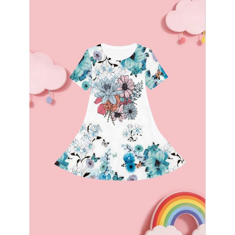 This Summer 3D Printed Short-sleeved Dress for Girls Features A Round Neck,