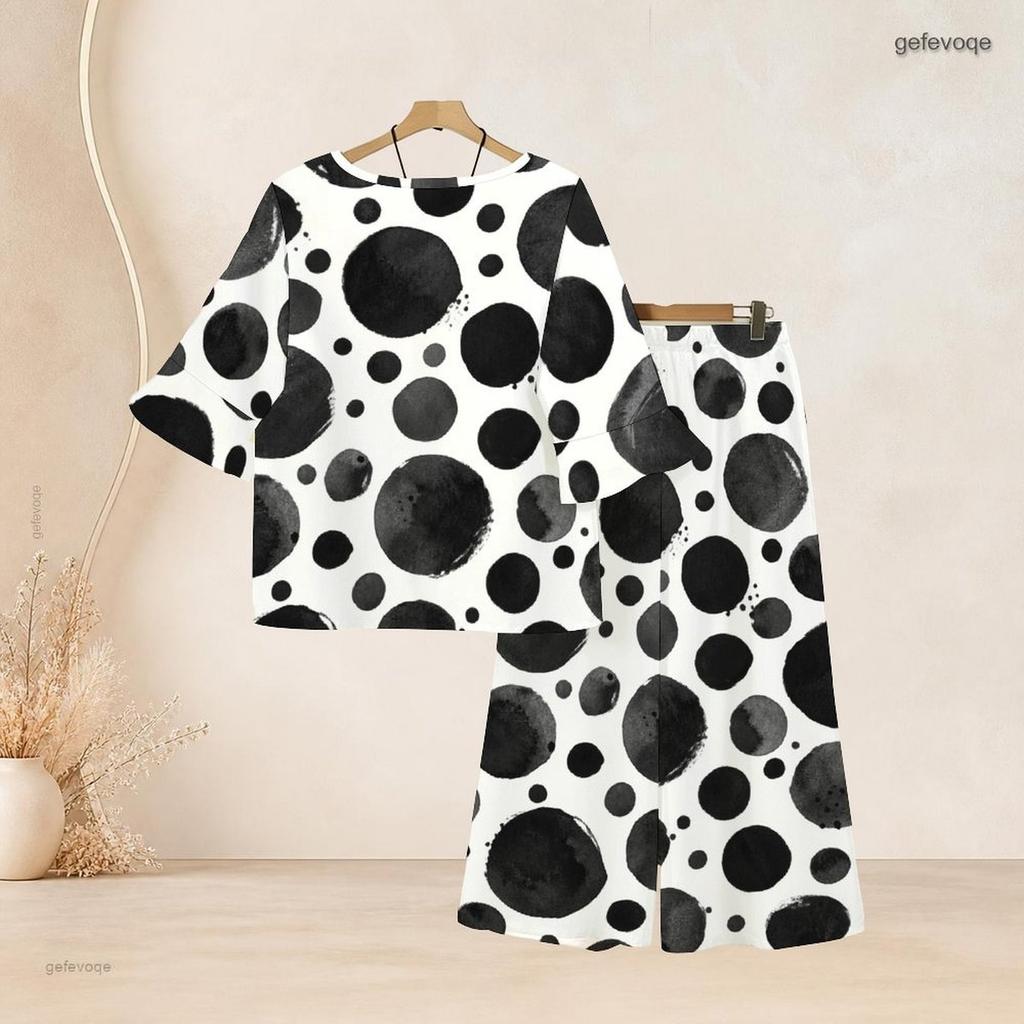 Women Plus Size White Red Brown Printed Round Neck Flared Half Sleeve Top Long Pants Two Piece Set