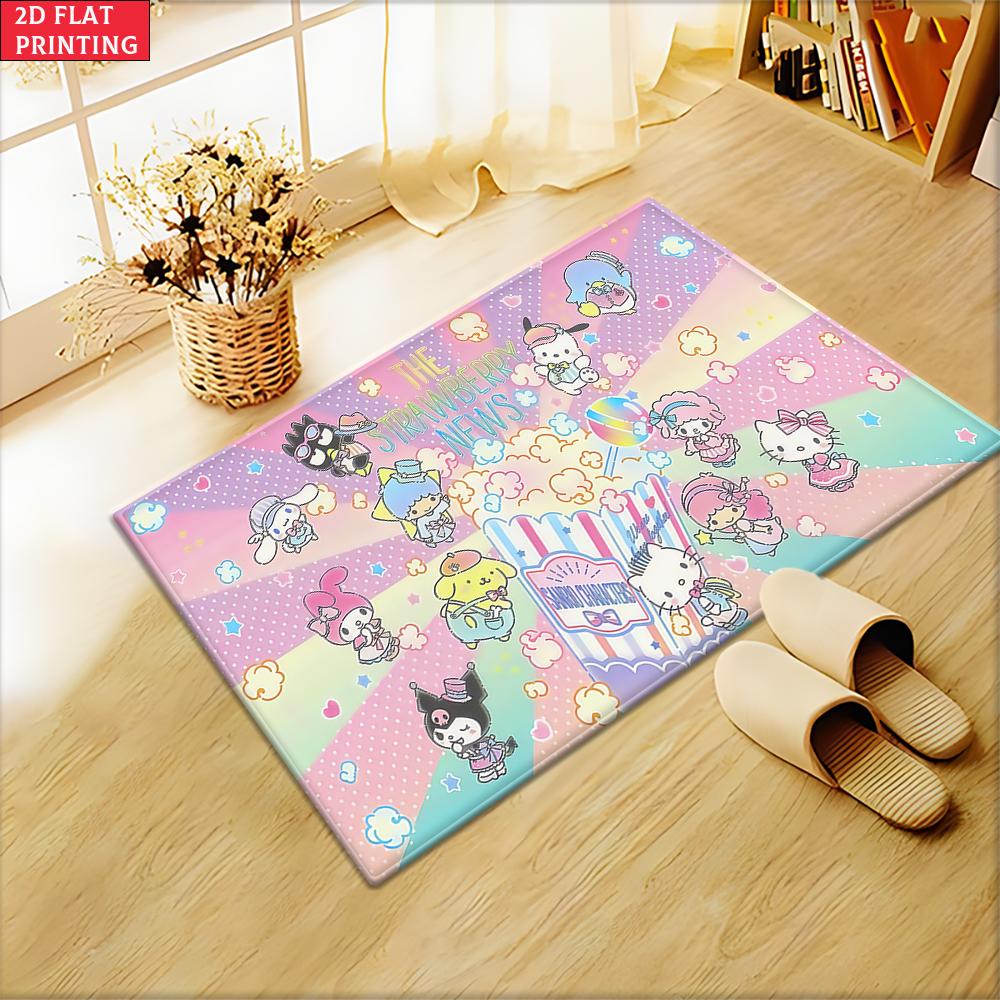 Kawaii Strawberry News Cartoon Doormat,2D Print  Floor Mat, Pastel Popcorn Entrance Rug for Girls Bedroom Living Room Decor Gift