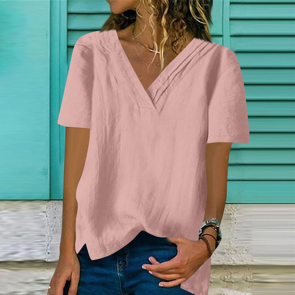 Lockeres Kurzarm-Oberteil aus Baumwolle und Leinen für Damen