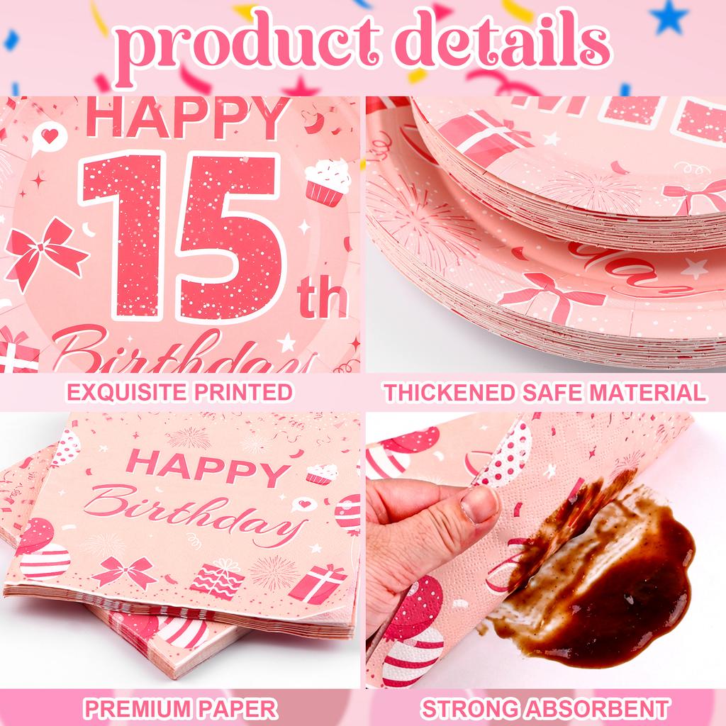 96 Pcs Pink 15Th Birthday Party Plates For Girls 15 Birthday Paper Plates Napkins Disposable Supplies Decorations Tableware Set F