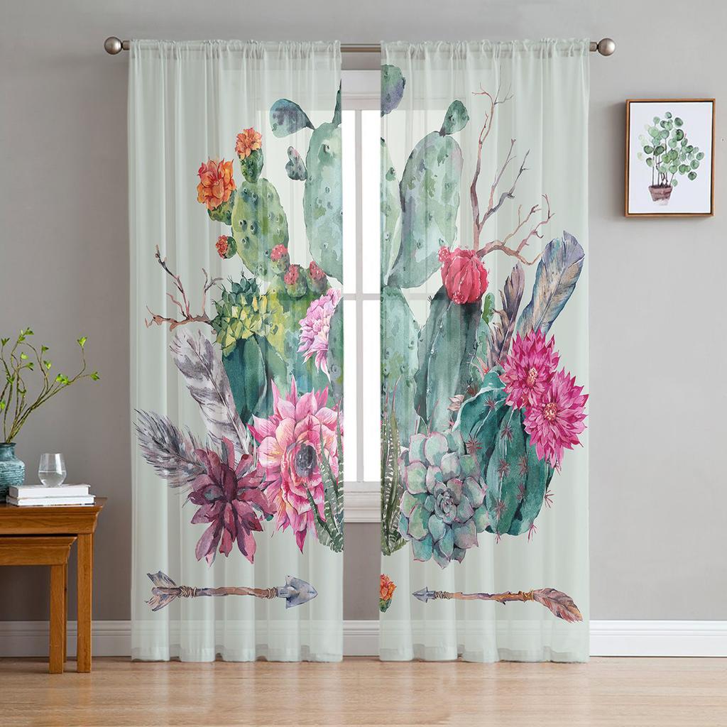 Succulent Cactus Modern Curtains For Living Room Transparent Tulle Curtains Window Sheer For The Bedroom Accessories Decor