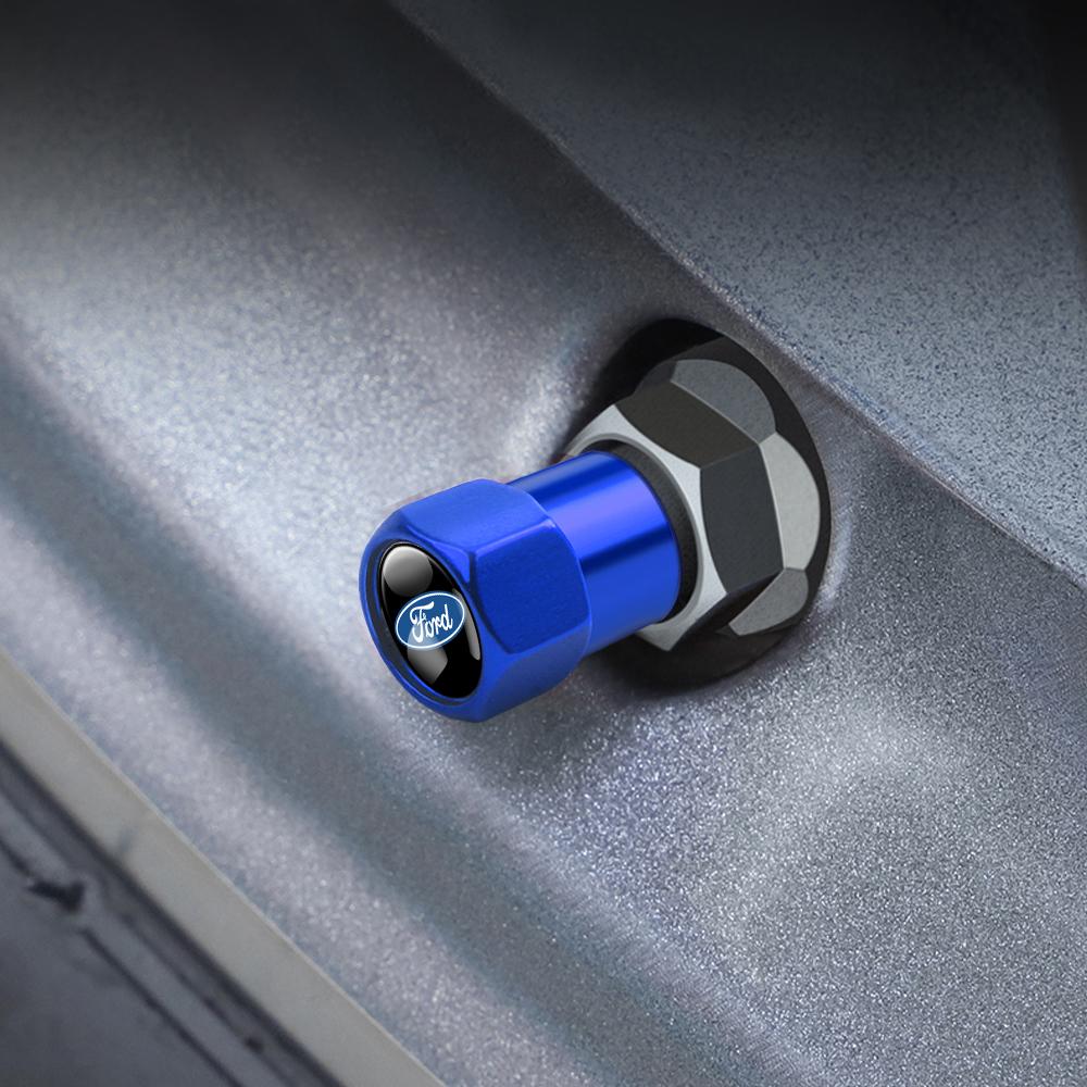 AJF1 4Pcs Car Tire Valve Covers Dust Emblem Caps For Ford Mustang MK7 Edge Kuga Transit Fiesta Mondeo Ghia Fusion Transit Accessories