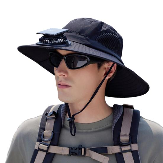 Fan Hat Wide-Brimmed Outdoor Hat with Fan Design Breathable Mesh 3 Gear Adjustable Speed Hiking Cycling Fishing Hat