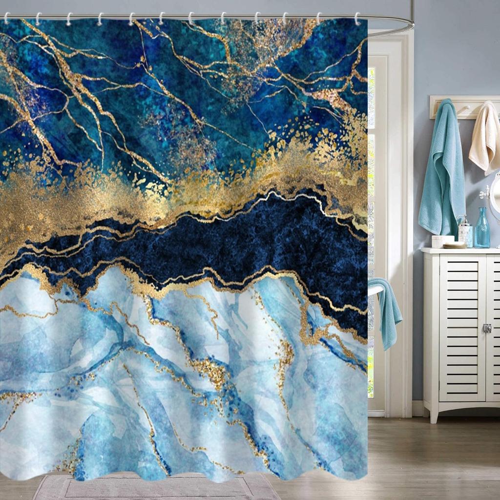 Navy Blue and Gold Marble Shower Curtain Modern Luxury Abstract Art Shower Curtains for Bathroom with Hooks Polyester Waterproof