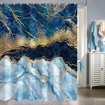 Navy Blue and Gold Marble Shower Curtain Modern Luxury Abstract Art Shower Curtains for Bathroom with Hooks Polyester Waterproof