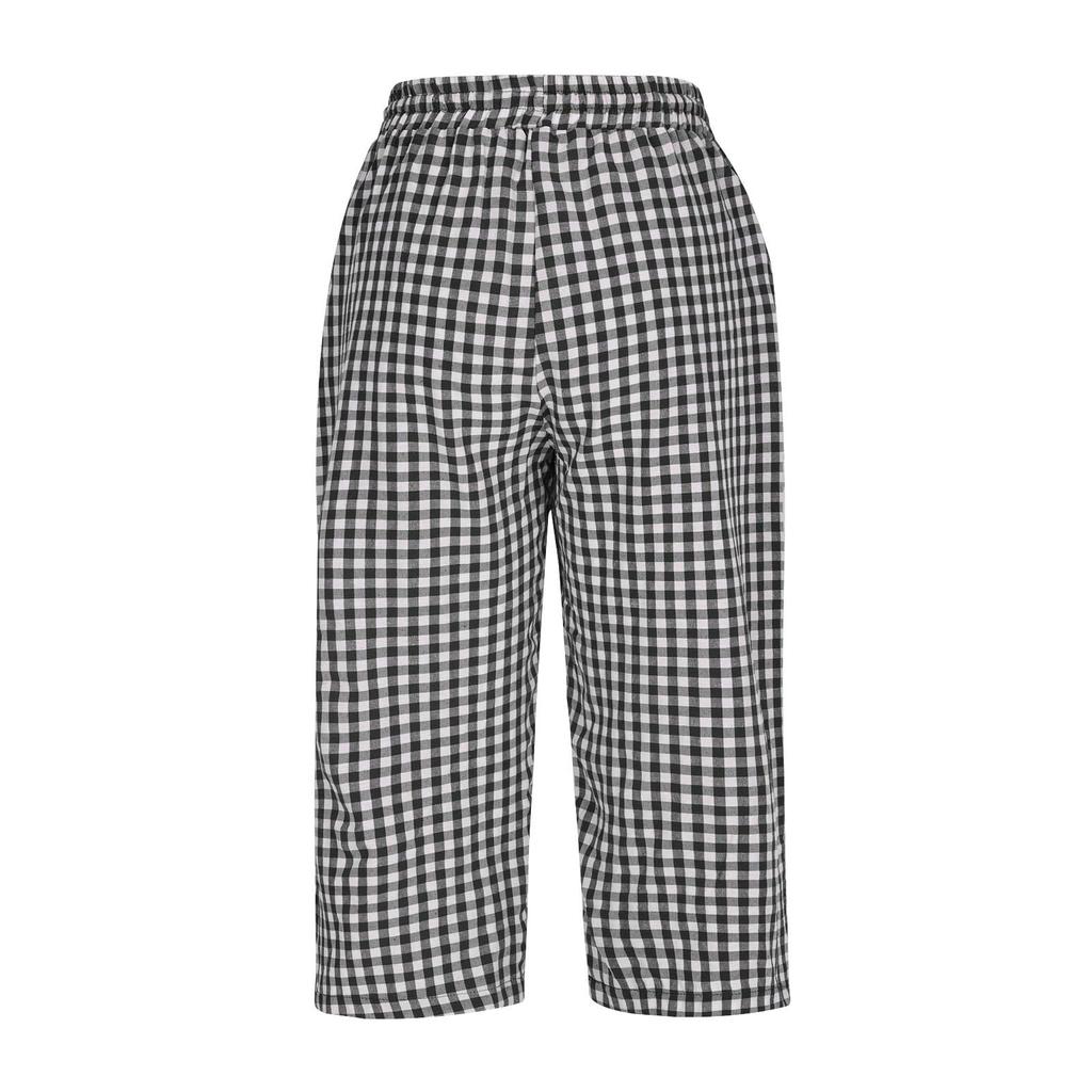 Women's Fashion Tartan Print Elastic Waistband Pocket Loose Casual Seven-Eighths 7/10 PantS