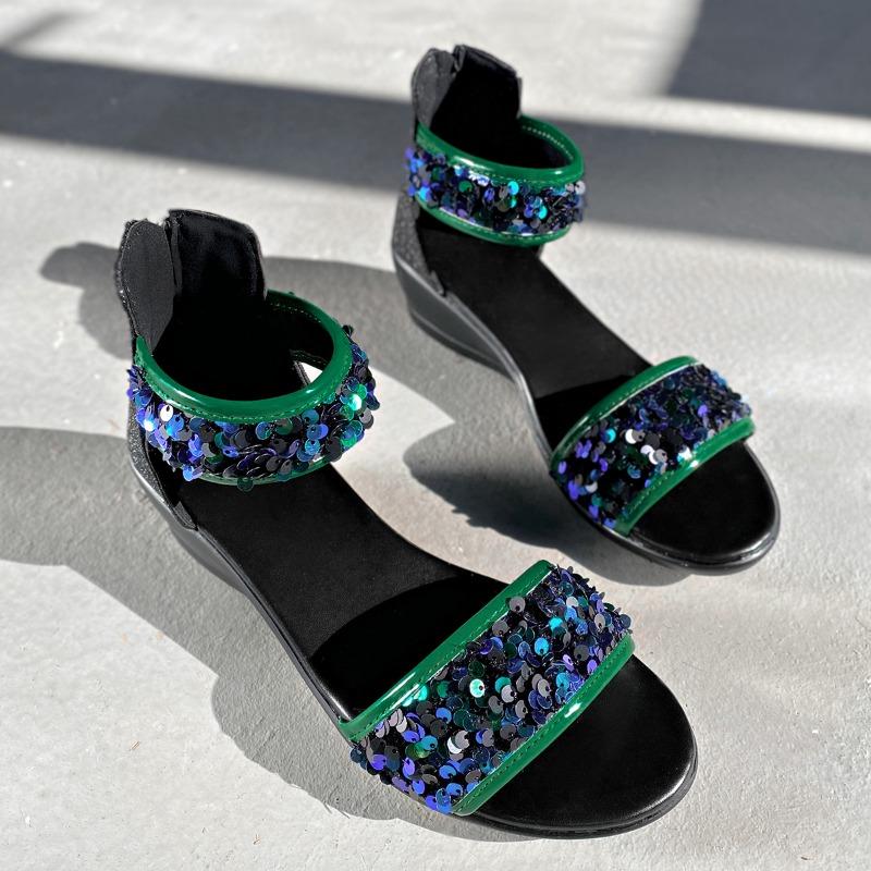 Fashion Women's Bag Heel Sandals Summer New Round Head Open Toe Glitter Back Zipper Soft Sole Anti-slip Wear-resistant Slope Heel Shoes