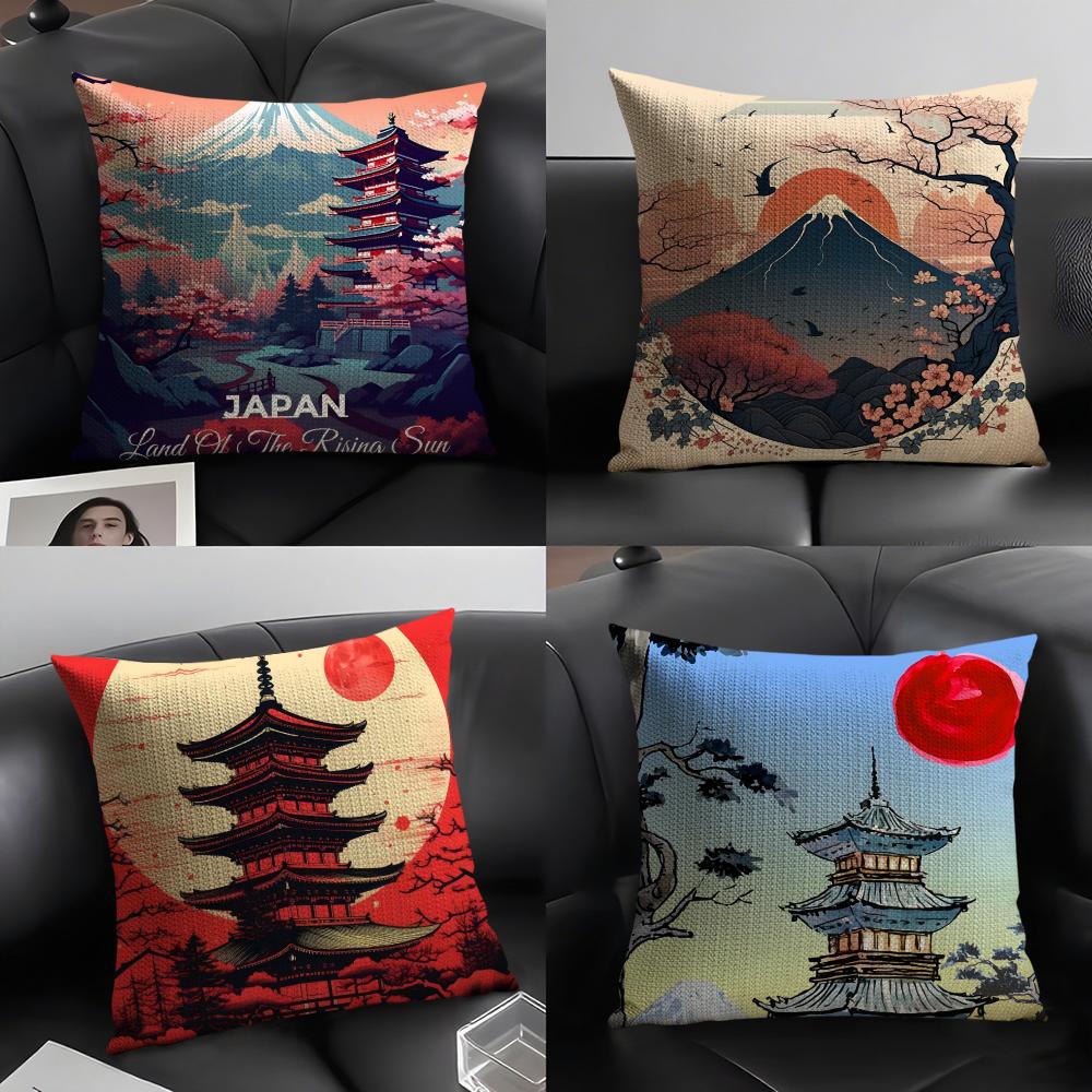 Retro Japanese Pagoda Landscape 1 Pillow Case Linen Cushion Covers For Decorative Sofa Home Pillows Case Car Chair Pillows Cases