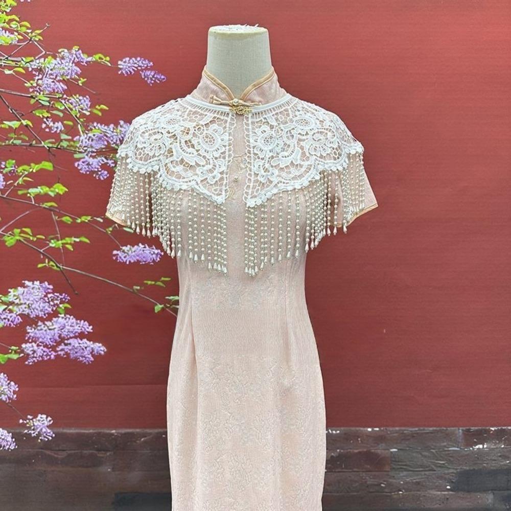 Handmade Pearl Tassel Shawl Vintage False Collar Hanfu Accessory Lace Shawl  Spring