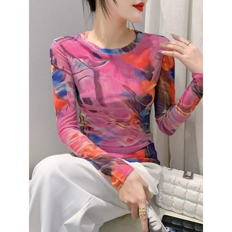 S-3XL Stretchy Mesh Tee TShirt Women O-Neck Full Sleeve Printing T-shirts Female Elegant High Stretch Slim Top