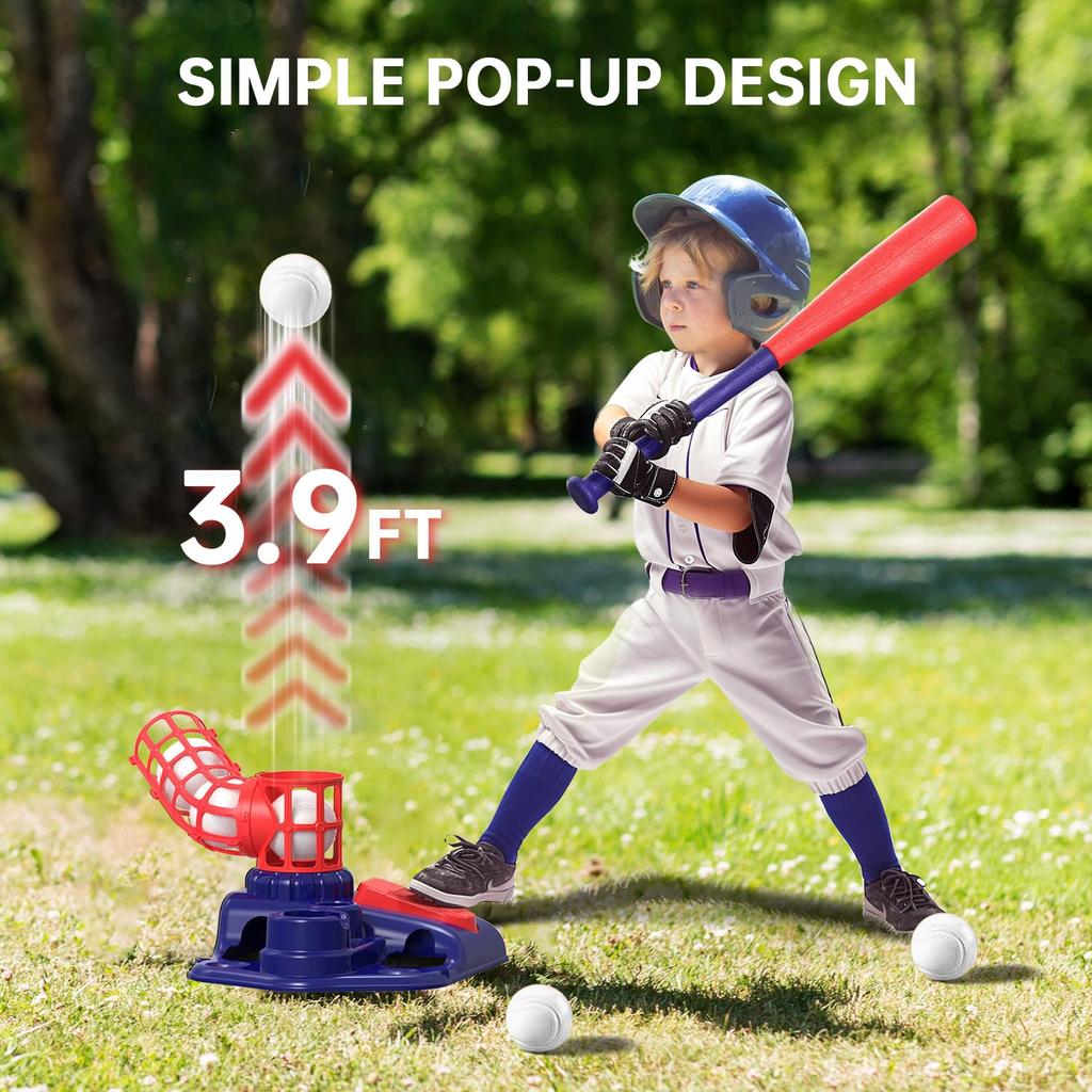 3-in-1 Kids Baseball Set for Ages 3-5/5-8, Batting Tee, Stand Tee, Pitching Machine with 4 Plastic Softballs & Bat