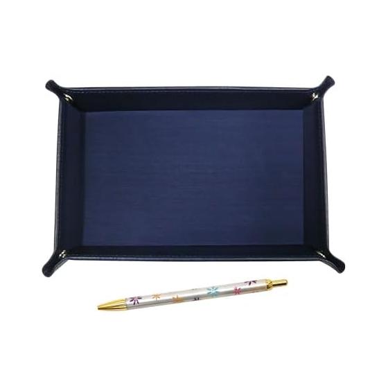 Japanese Embossed Cowhide Leather Pen Tray (Blue) with Floral Ballpoint Pen Set TRAL-HS380B - Lined Interior, Premium Embossed Leather Exterior,