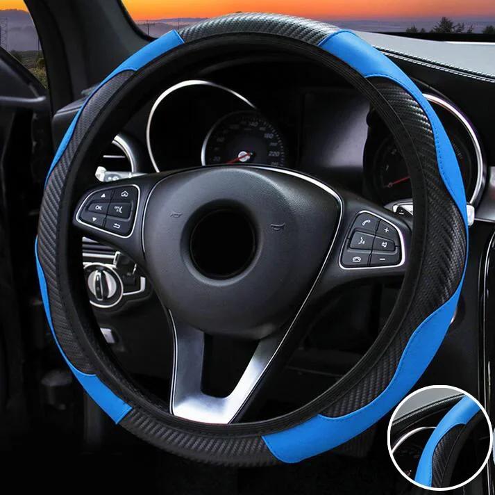 38CM Car Blue Black Carbon Fiber Leather Steering Wheel Cover Elastic Style Suitable For 37-38CM Diameter Steering Wheel