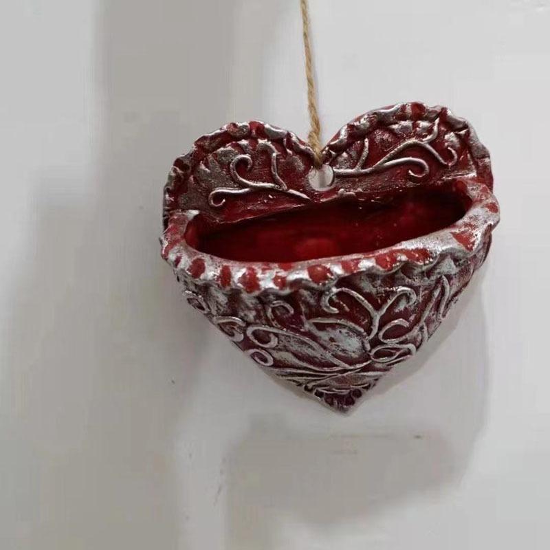 Retro Heart-shaped Succulent Resin Flower Pot Wall-mounted Succulent Display Set, Green Plant Flower Container, Resin Wall Decoration