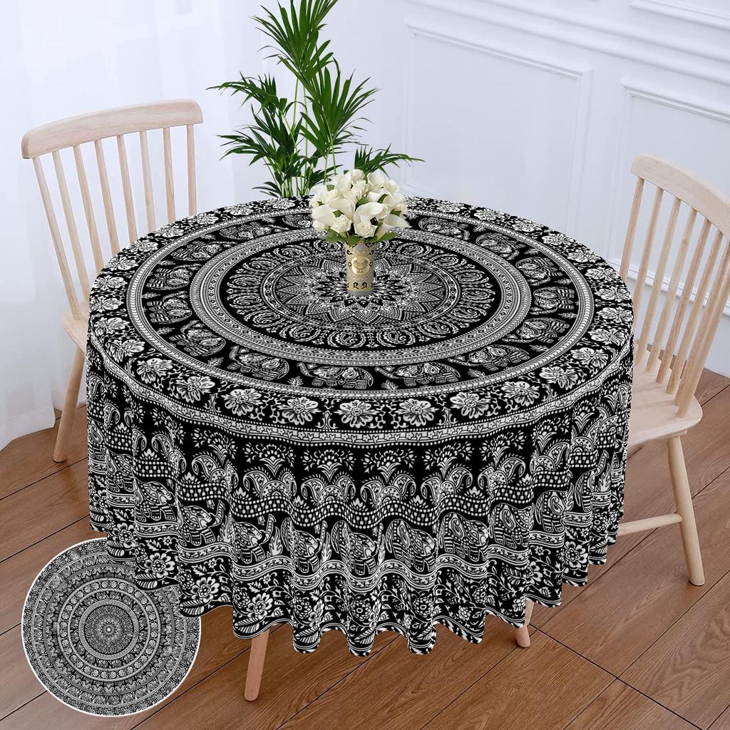 63 Inch Mandala Circular Tablecloth Waterproof Plain Terrace Dining Table Cover With Retro Pattern Tapestry Curtain Head Cover