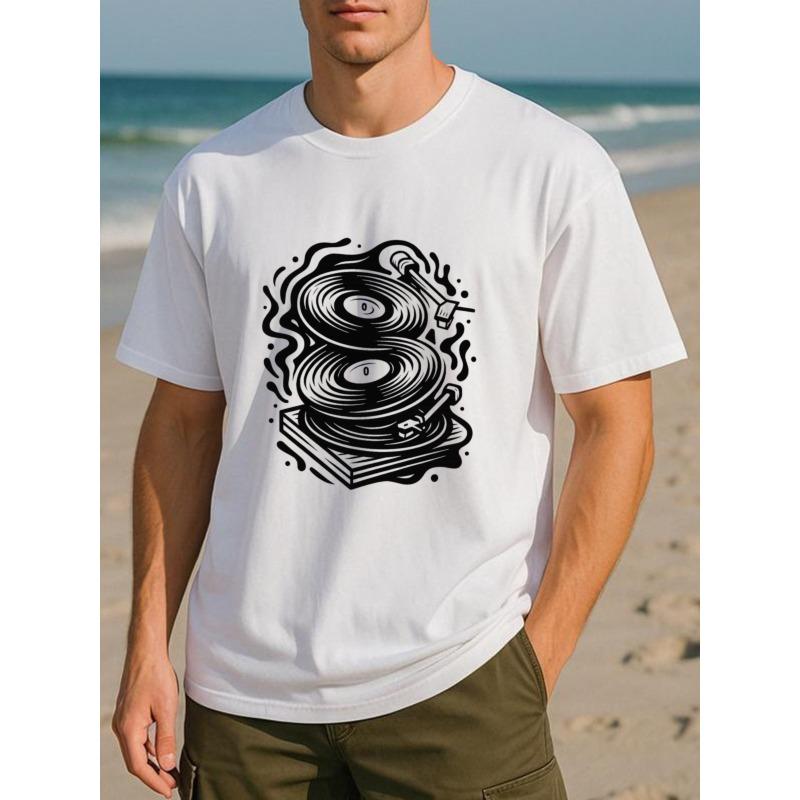 European sizes Men'S Print Short-Sleeved T-Shirt | Vinyl Records and Record Players Theme, Casual Loose Fit, All-Season, Breathable Fabric