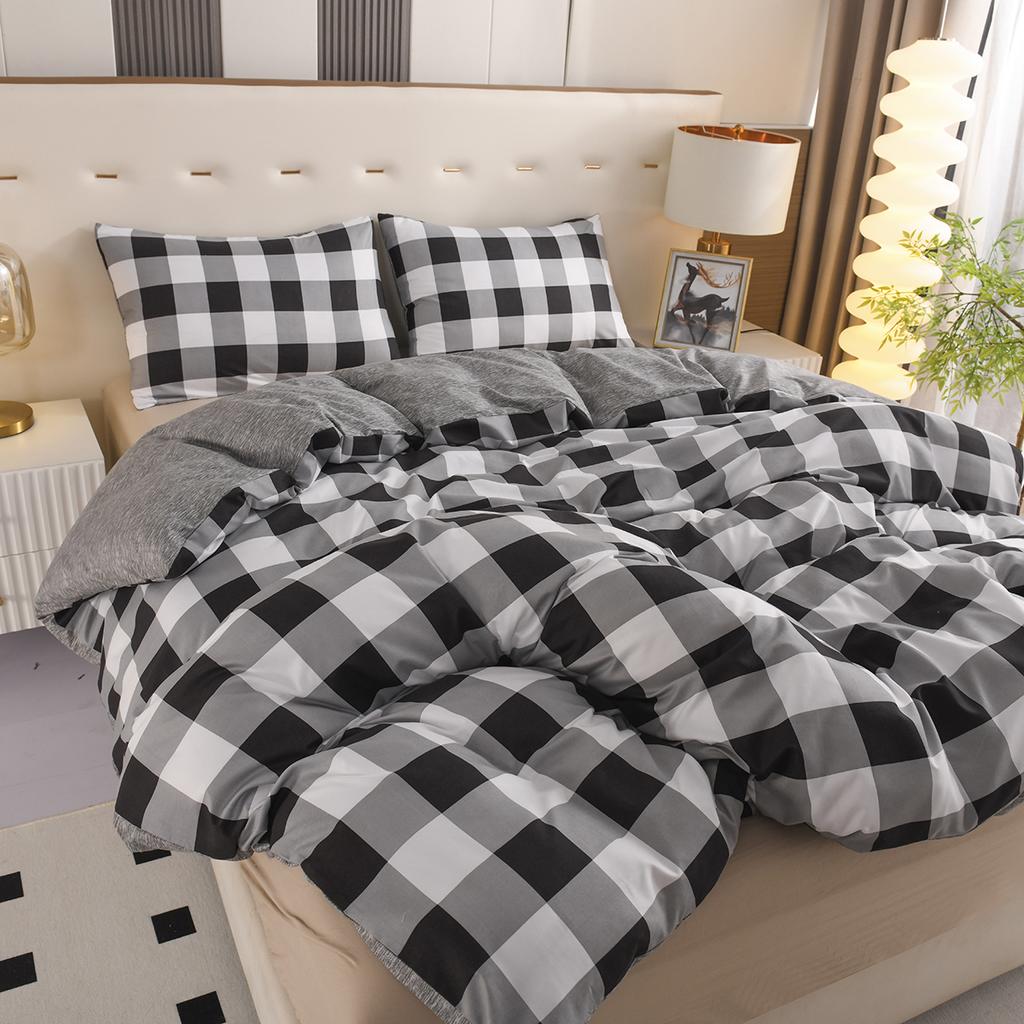 Schwarzes Karomuster Bettbezug-Set, 1 Gingham-Bettbezug und 2 Kissenbezüge, Leichtes Mikrofaser-Büffelkaro 3-teiliges Bettwäscheset