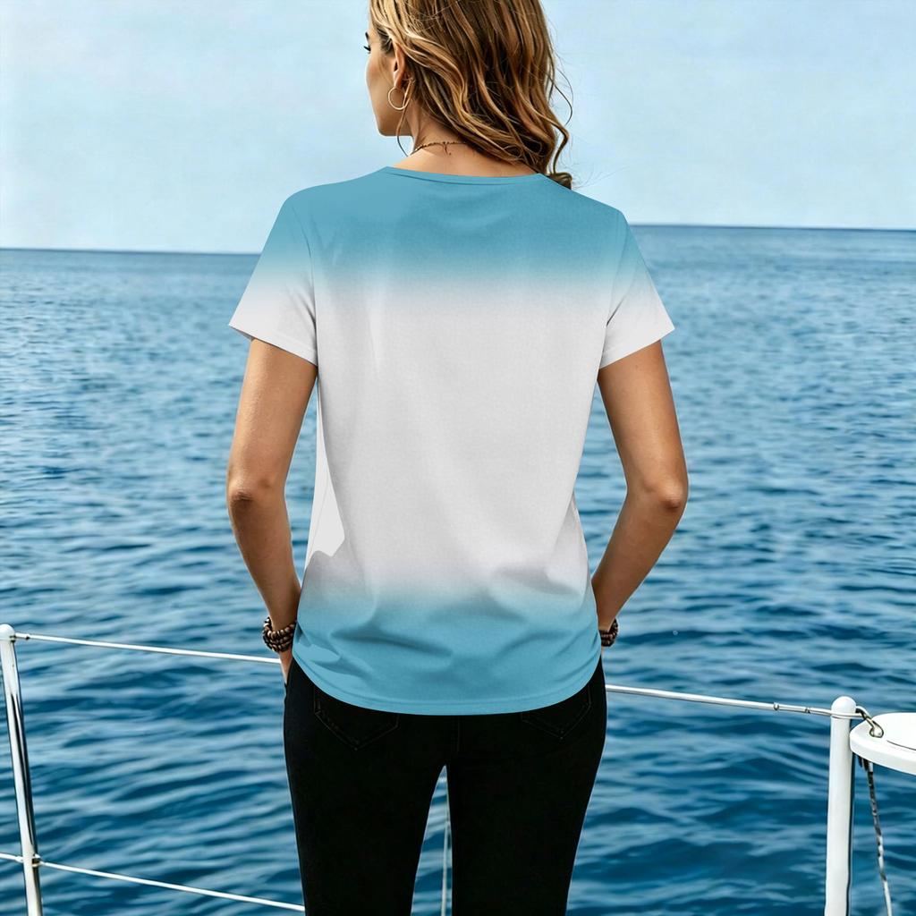 Women Casual Short Sleeve T Shirt Button Front Crew Neck Ombre Gradient Top Lightweight Soft Fabric Summer Wear