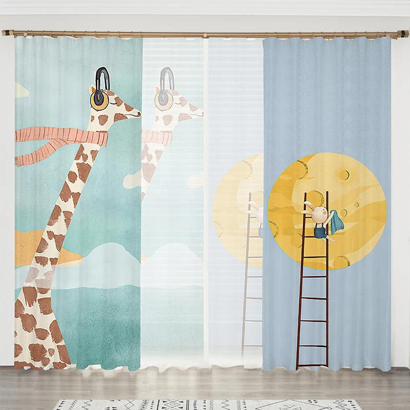 High Shading Curtain Nordic Simple Cute Cartoon Rabbit Stars Moon Children's Room Girl Bedroom Window Blackout Drape Sunshade